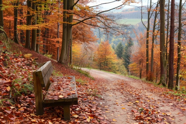 Photo autumn forest path with bench and vibrant leaves