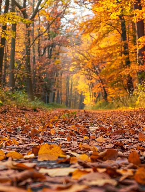 Photo autumn forest pathway with colorful leaves and warm light