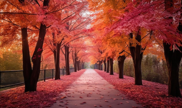 Autumn forest road with red leaves Generative AI