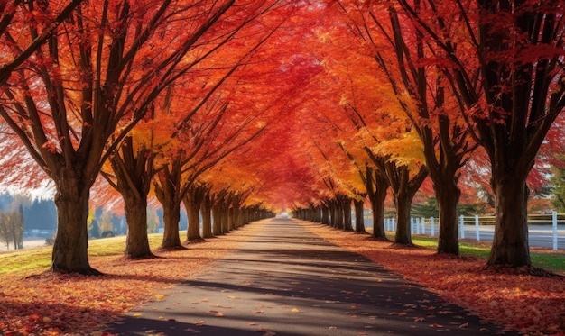 Autumn forest road with red leaves Generative AI