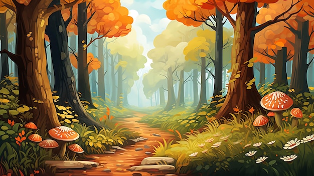 Autumn forest scene with grass land road midautumn fall season illustration