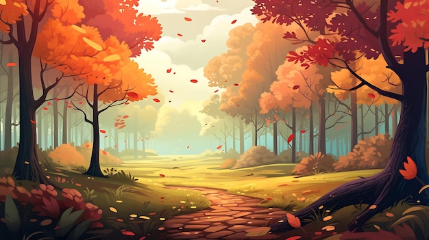 Autumn forest scene with grass land road midautumn fall season illustration