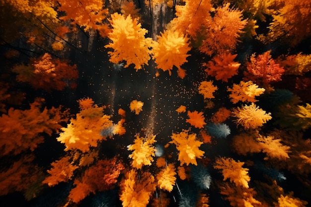 Autumn forest top view Yellow tree leaves forest and mountains