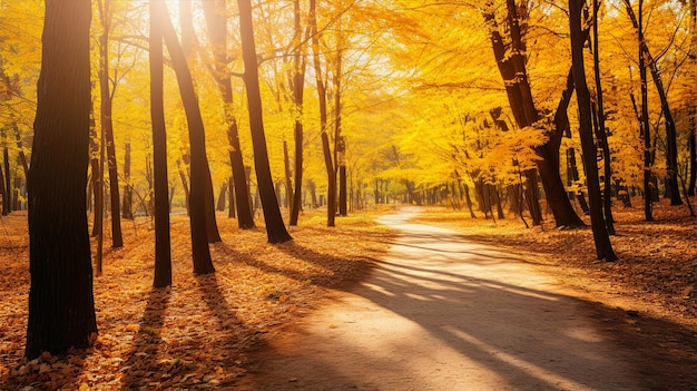 Autumn forest trees and path scenery landscape fall background