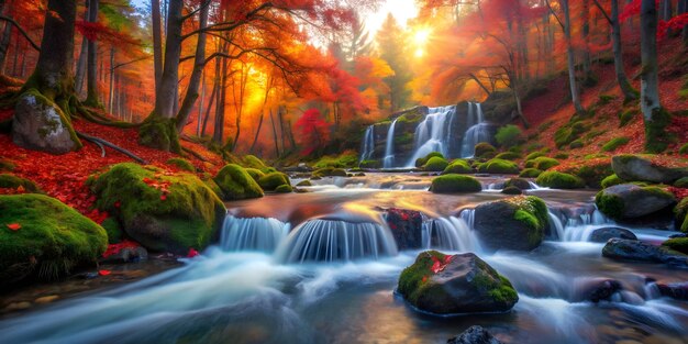 Photo autumn forest views and beautiful waterfalls