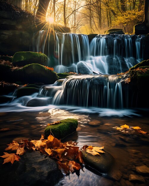 Autumn Forest Waterfall Scenery