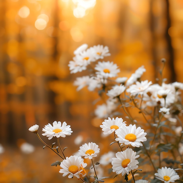 Autumn forest with blooming asters and chrysanthemums soft golden light warm colors detailed foliage highdefinition clear and vivid serene and seasonal