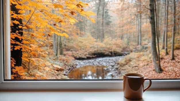 Autumn forest with a creek outside the window a dense forest filled with autumn colored trees