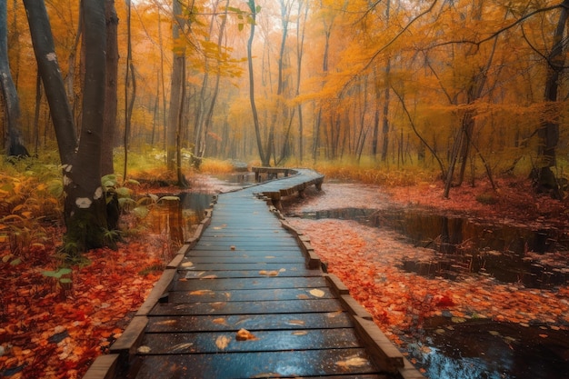 Autumn forest with duckboards path and colorful foliage