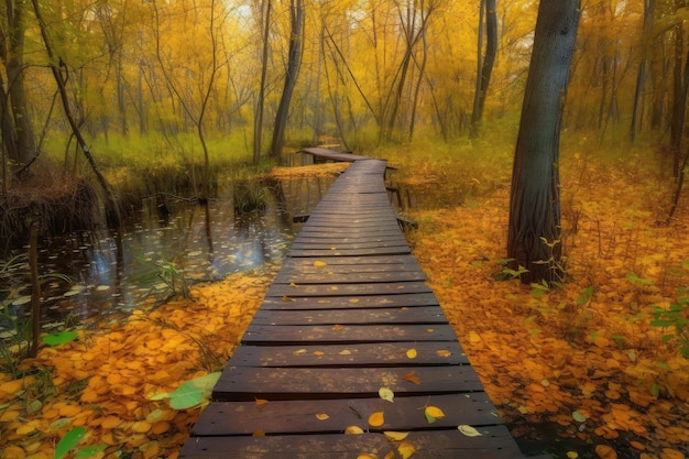 Autumn forest with duckboards path and colorful foliage