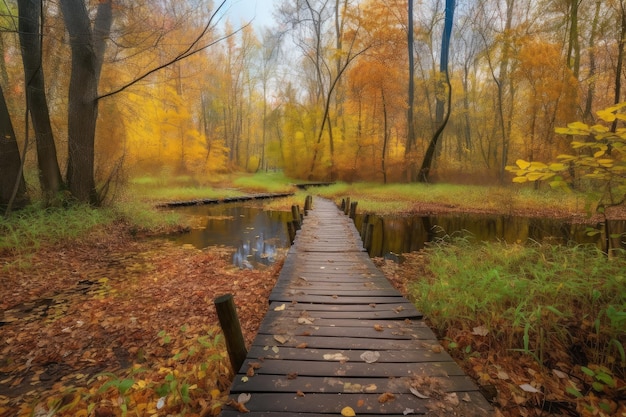 Autumn forest with duckboards path and colorful foliage