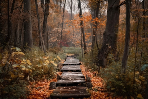 Autumn forest with duckboards path leading to clearing surrounded by colorful foliage