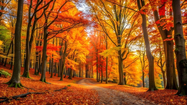 Autumn forest with golden and red leaves on the trees