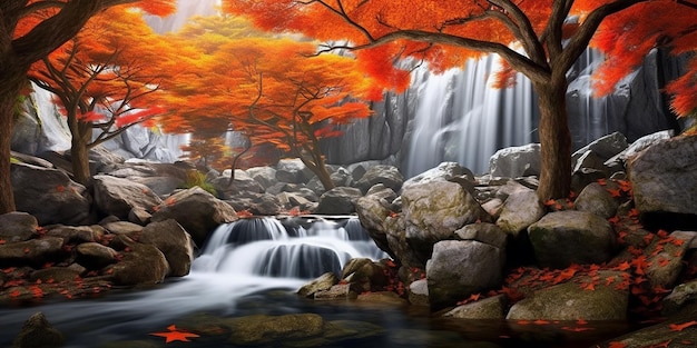 Autumn Forest with Rocks and Waterfall