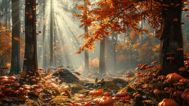 autumn forest with a tree and the sun shining through the leaves