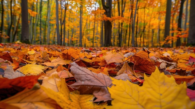 Autumn Forest with Vibrant Fall Colors and Fallen Leaves