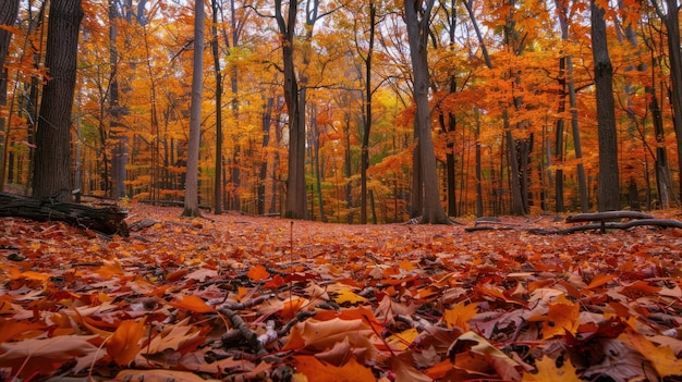 Autumn Forest with Vibrant Fall Colors and Fallen Leaves