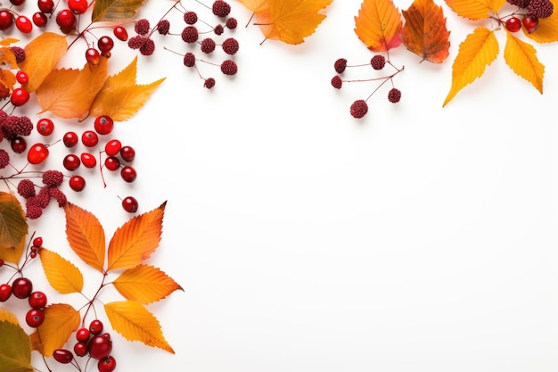 Autumn frame border of leaves and berries on a white background