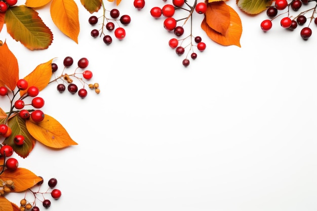 Autumn frame border of leaves and berries on a white background