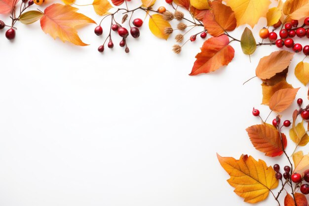 Autumn frame border of leaves and berries on a white background