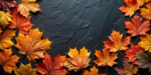 Autumn frame of pumpkins and colorful leaves on dark background Halloween top view copy space