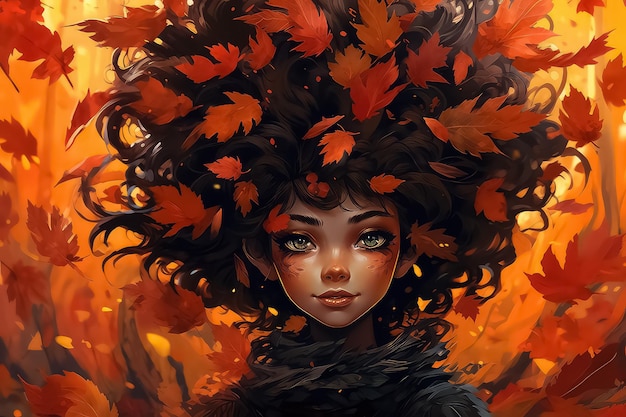 Autumn girl with leaves in her head in cartoon style