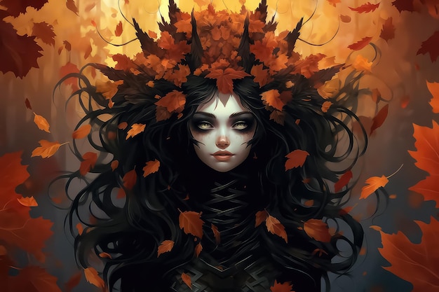 Autumn girl with leaves in her head in cartoon style