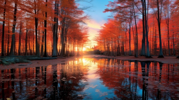 autumn golden forest by the river at sunset