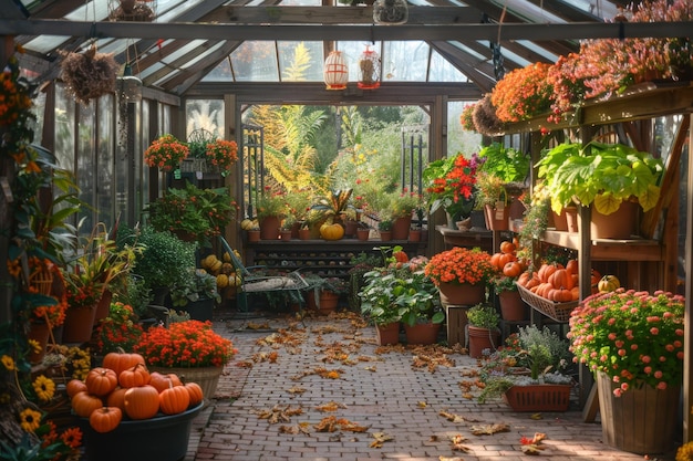 Autumn Greenhouse with Seasonal Decorations Celebrating Harvest Season