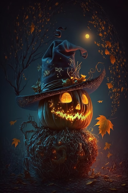 Autumn Halloween night a pumpkin with a hat