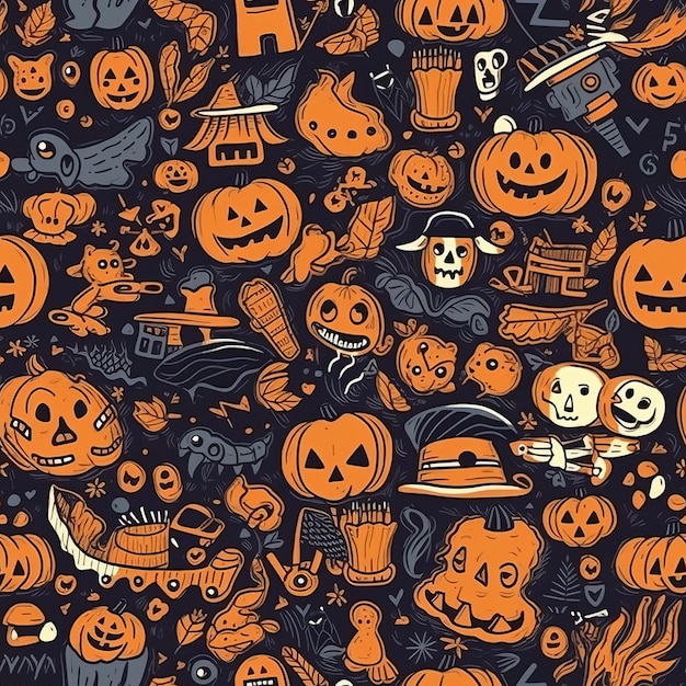 Autumn and Halloweenthemed seamless pattern with ghosts AI generation