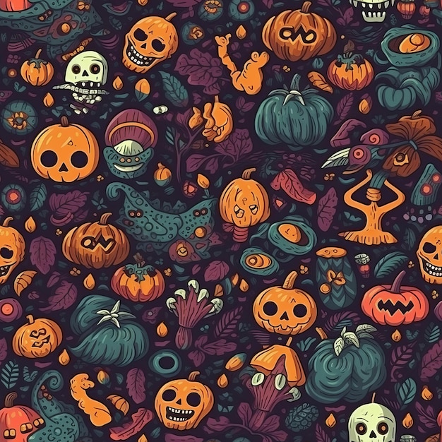 Autumn and Halloweenthemed seamless pattern with ghosts AI generation