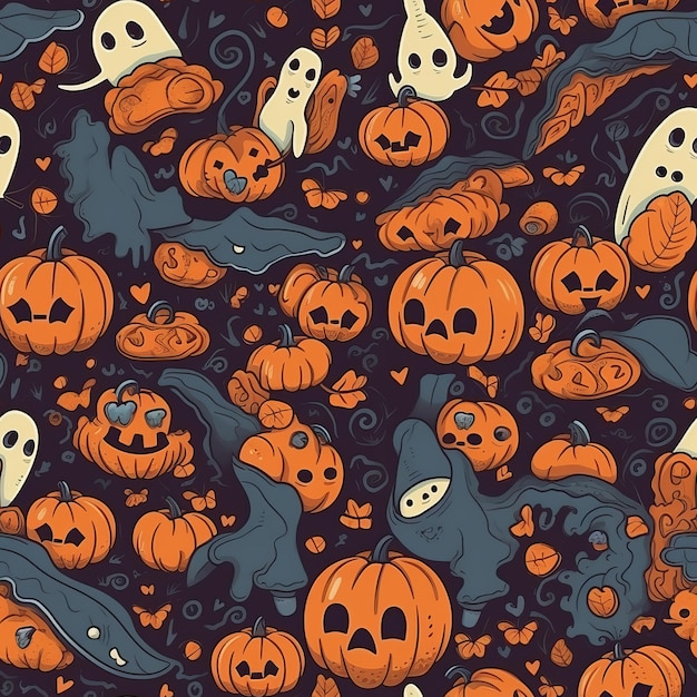 Autumn and Halloweenthemed seamless pattern with ghosts AI generation