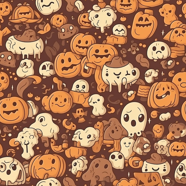 Autumn and Halloweenthemed seamless pattern with ghosts AI generation