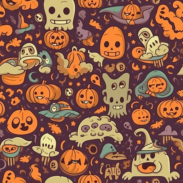 Autumn and Halloweenthemed seamless pattern with ghosts AI generation