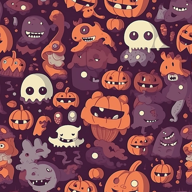 Autumn and Halloweenthemed seamless pattern with ghosts AI generation