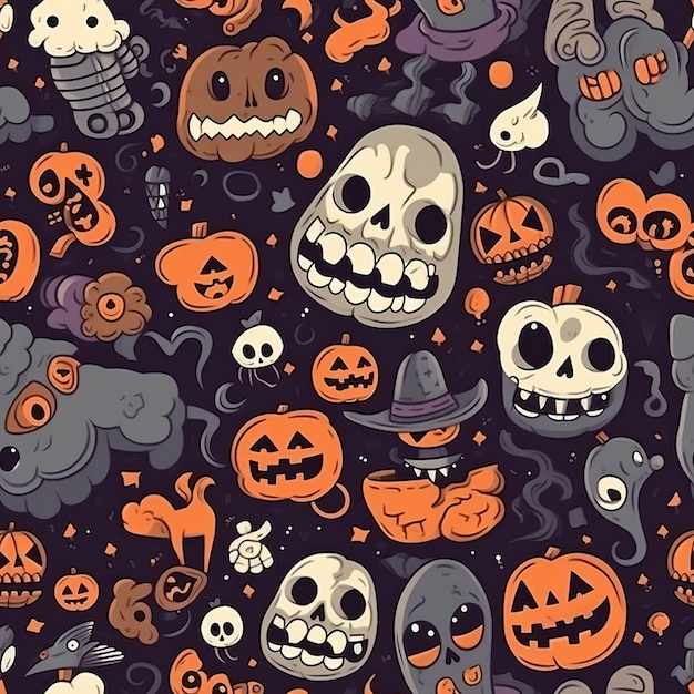 Autumn and Halloweenthemed seamless pattern with ghosts AI generation