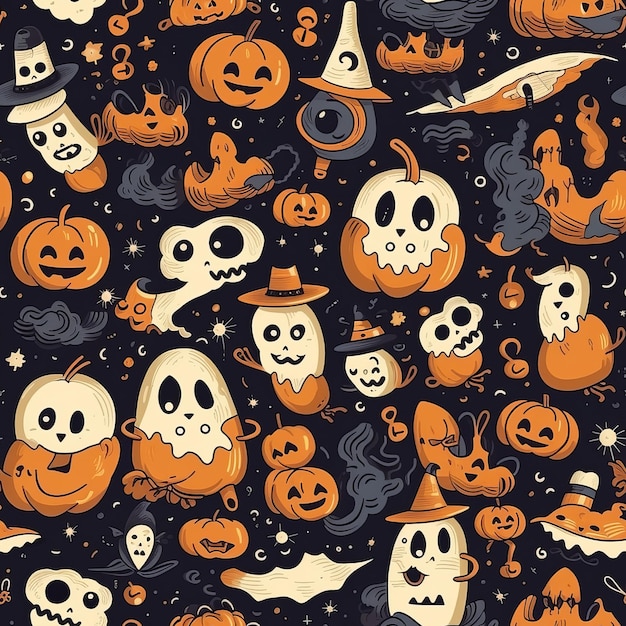 Autumn and Halloweenthemed seamless pattern with ghosts AI generation