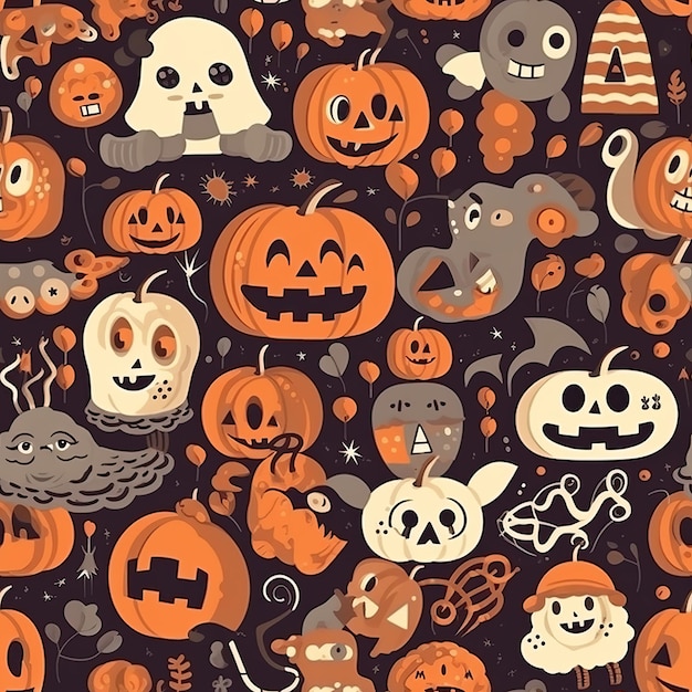 Autumn and Halloweenthemed seamless pattern with ghosts AI generation