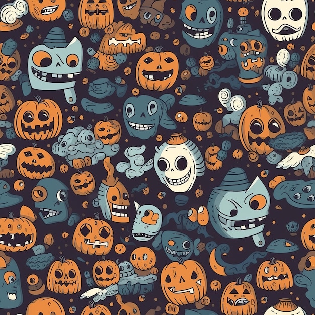 Autumn and Halloweenthemed seamless pattern with ghosts AI generation