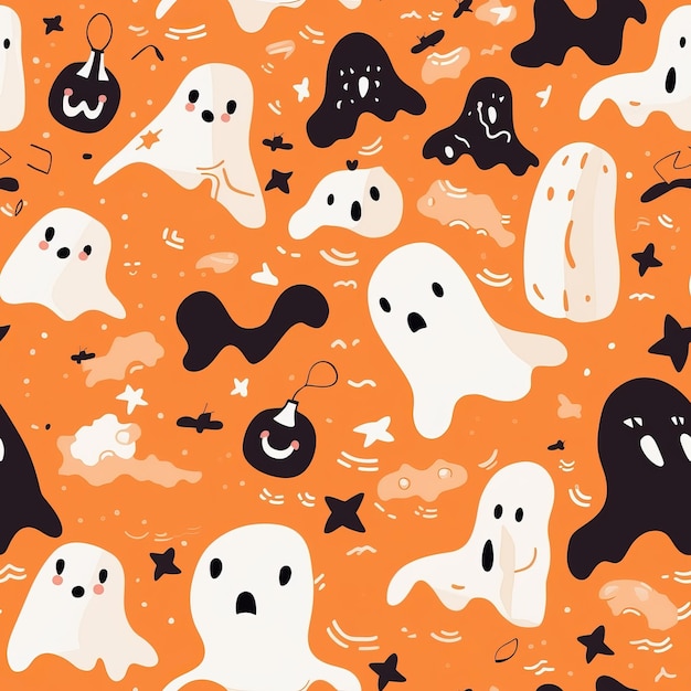 Autumn and Halloweenthemed seamless pattern with ghosts AI generation