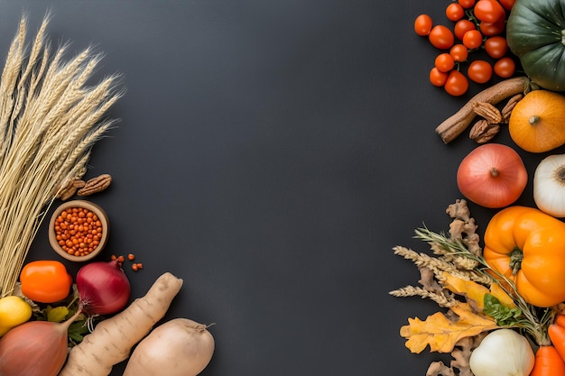 Autumn harvest border on black textured background