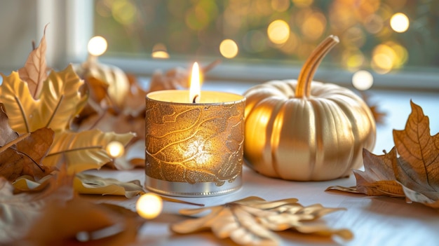 Autumn Harvest Candlelight Celebration with Golden Pumpkin and Leaves