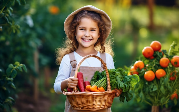 Autumn harvest concept Happy little child girl gardener in the backyard with a basket of fresh veget