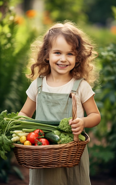 Autumn harvest concept Happy little child girl gardener in the backyard with a basket of fresh vegetables in his hands