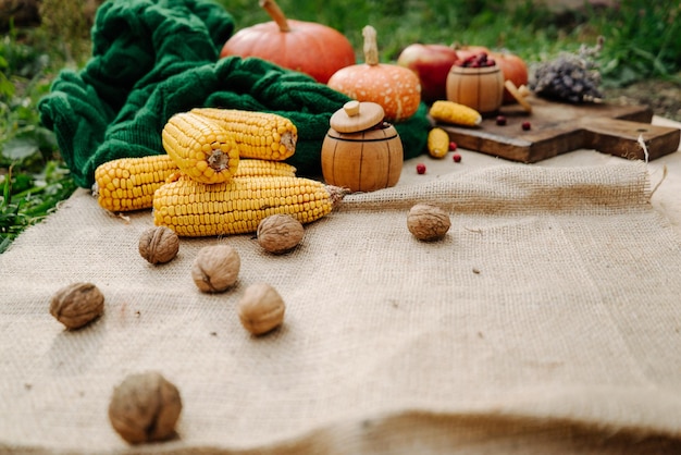 Autumn harvest corn apples nuts red berries on a brown wooden board 1