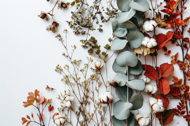 Autumn Harvest Eucalyptus and Cotton Frame on White Background