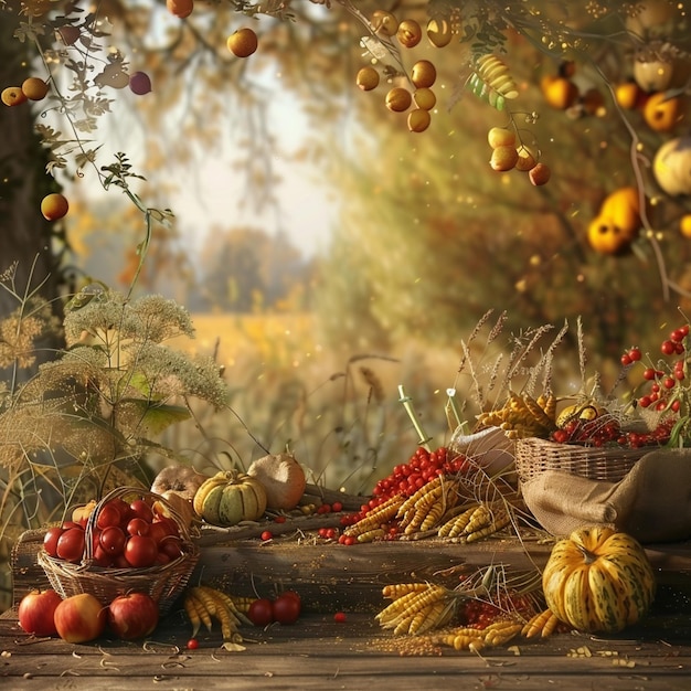 Autumn Harvest Festival Painting Seasonal Bounty of Fruits and Vegetables