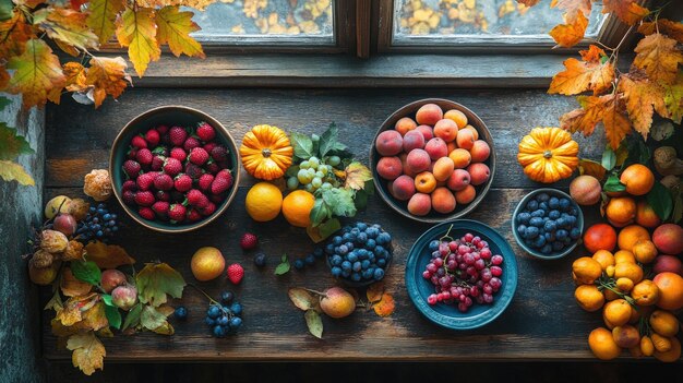 Photo autumn harvest fresh fruits displayed on rustic wooden table with colorful leaves by window