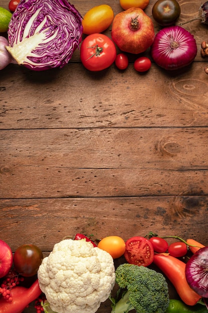 Autumn harvest fruits and vegetables copy space concept vertical frame on a wooden table flatlay top view